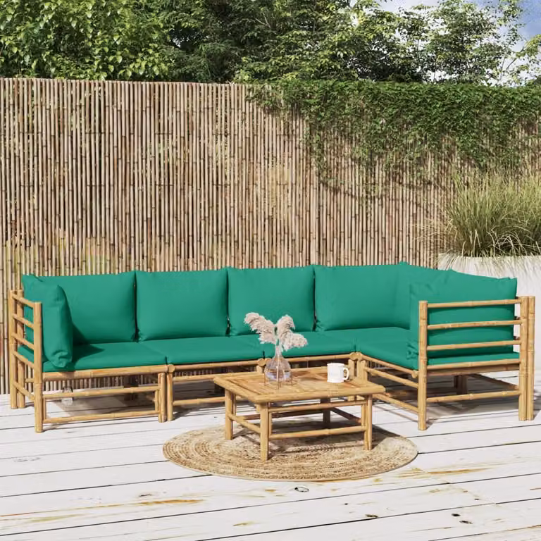 Set Salotto da Giardino vidaXL in Bambù con Cuscini Verdi e Marroni, Design Moderno a L con Divano 2 Posti, Elementi Angolari e Tavolino da Caffè