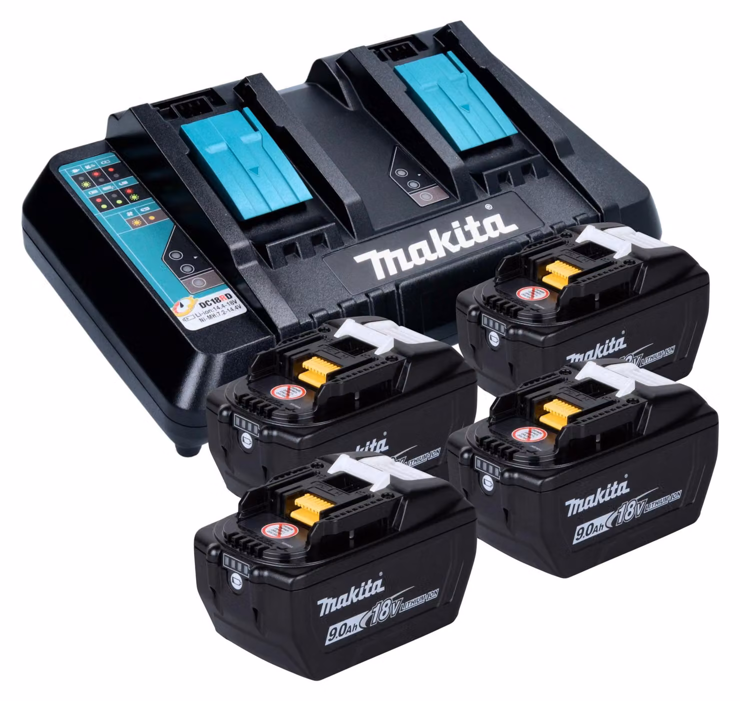Kit Makita Power Source 18 V con 4 batterie BL 1890 da 9,0 Ah + doppio caricabatterie rapido DC 18 RD
