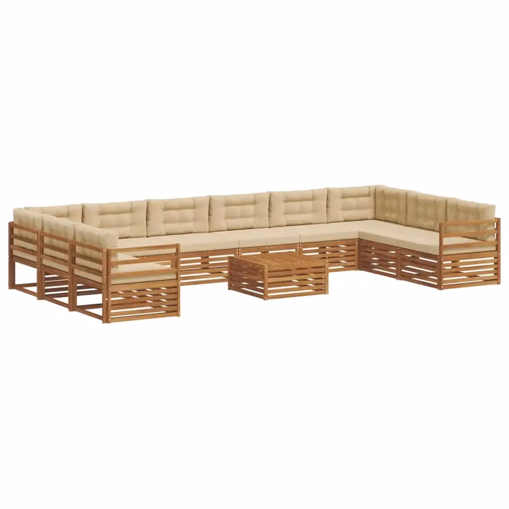 Set di divani da giardino vidaXL in legno di acacia massello, 11 pezzi, beige e marrone con tavolo da caffè e cuscini inclusi – 2