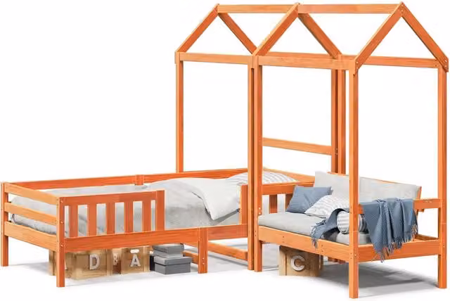 Letto singolo | Letto per adulti | Giroletto con Panca e Tetto Marrone Cera 75x190cm Massello Pino