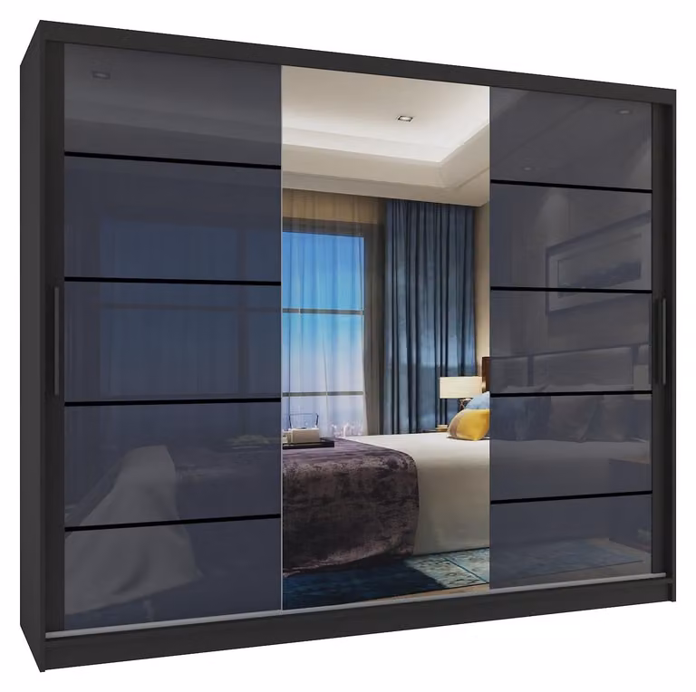 BELINI Verona, armadio scorrevole da 232 cm, nero/grigio lucido - armadio con specchio e 4 cassetti, ideale per la camera da letto