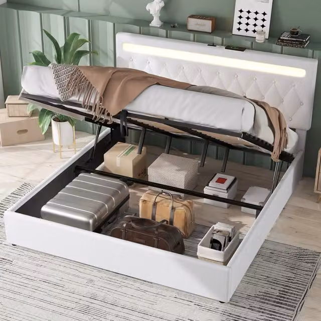 Letto imbottito ULEVR 180x200 cm con contenitore idraulico, LED multicolore e porta USB, lino bianco