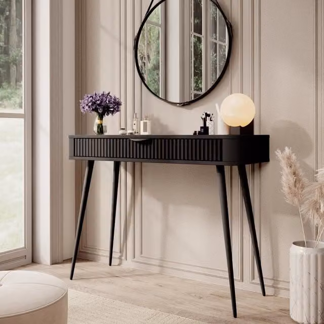 Toeletta da Trucco Katerara DMORA con un Cassetto, Colore Nero, L: 100 cm, P: 38 cm, H: 78 cm