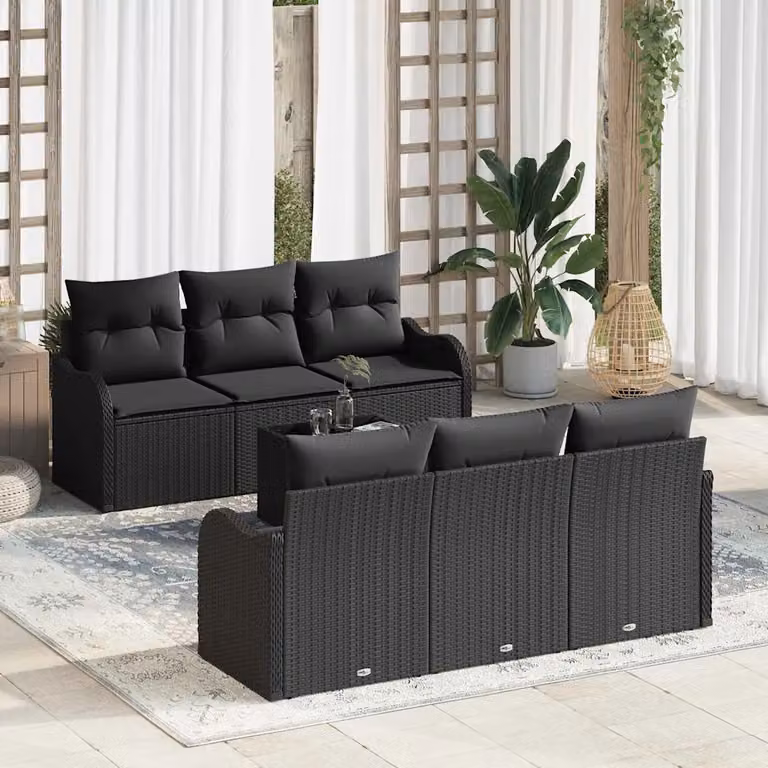 Set Divano da Giardino con Tavolino da Caffè vidaXL Nero, Struttura in Metallo e Polyrattan con Cuscini Imbottiti e Coperture Rimovibili, L/P/H: 174,8 x 155 x 70 cm