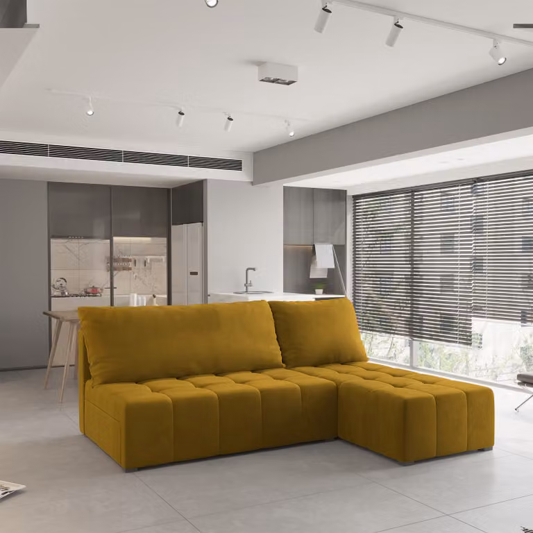 Divano angolare DOMIRA di Masseno con funzione letto a L, divano con box letto, divano da soggiorno, divano, divano letto, set di divani - giallo, KRONOS 01