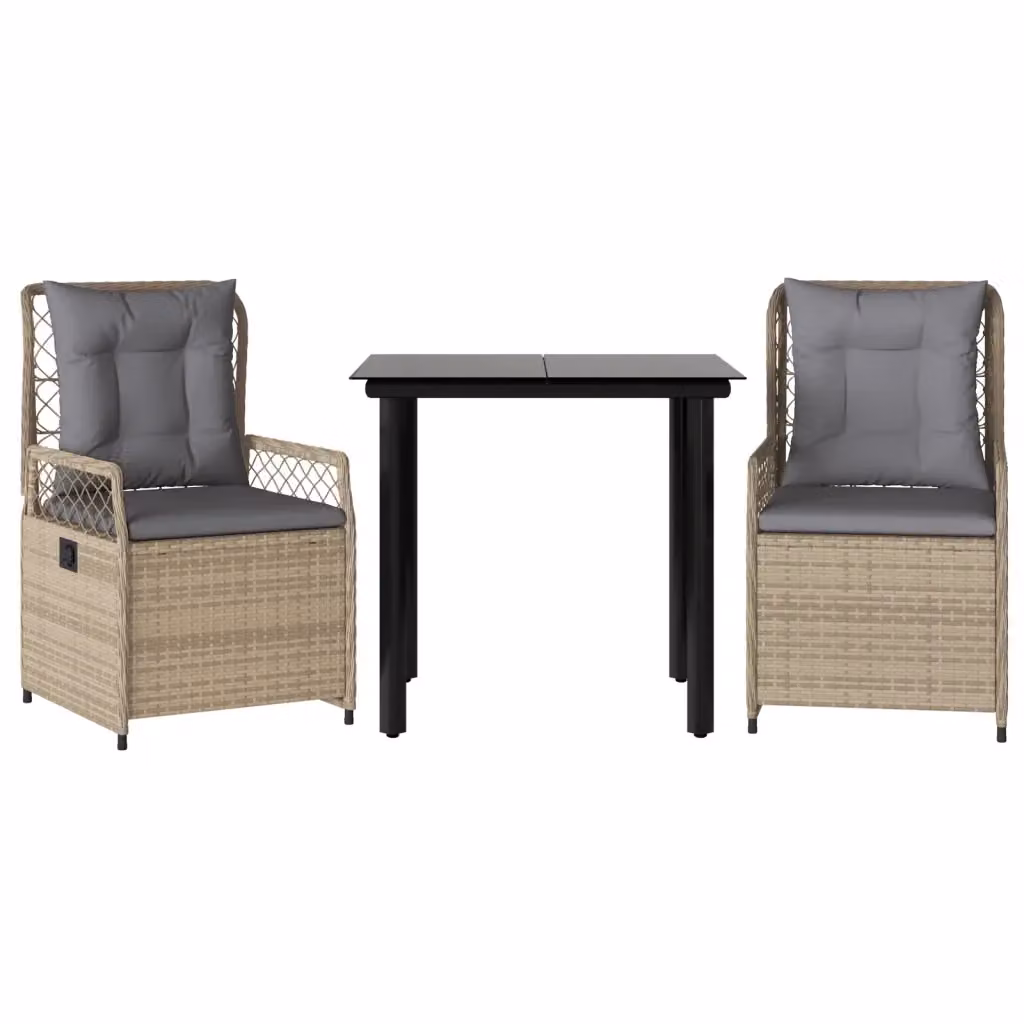 Set da Pranzo da Giardino 3 pz vidaXL in Polyrattan con Cuscini Beige e Tavolo in Vetro – 2