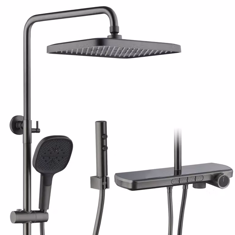 Sistema doccia termostatico, 4 funzioni, colore grigio gunmetal, dimensioni 340x220 mm, soffione a pioggia