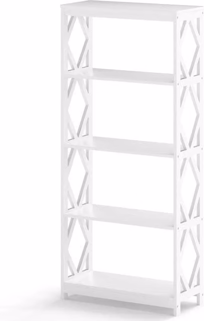 Libreria moderna autoportante bianca con design geometrico a 5 ripiani in legno per ufficio, soggiorno o camera da letto, H: 155 cm, L: 30 cm, P: 30 cm