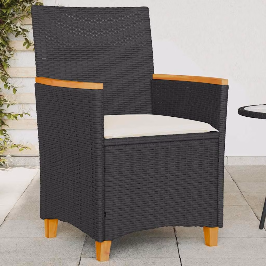 Set di 2 sedie da giardino vidaXL in polyrattan e legno di acacia con cuscini neri e braccioli