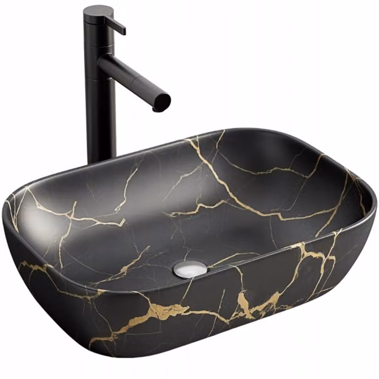 Lavabo da appoggio in marmo nero opaco venato, Vetroceramica ovale 46,5 x 33 cm