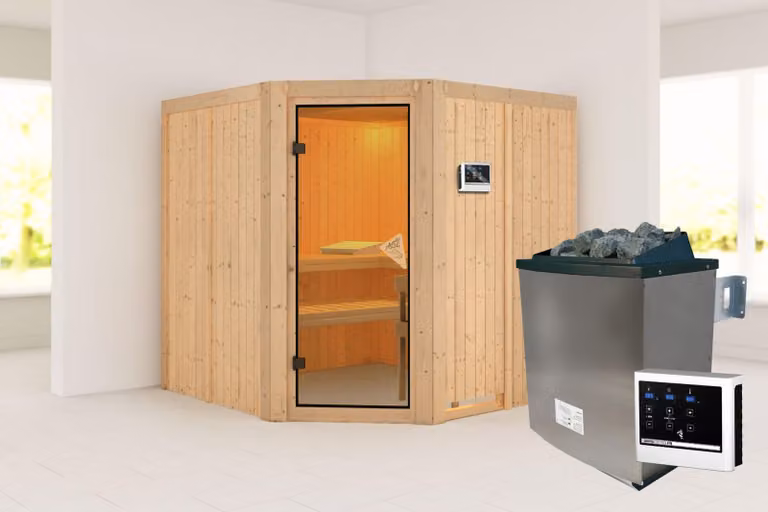 Sauna Karibu Jarin (ingresso ad angolo), porta interamente in vetro, finitura bronzo, stufa da 9 kW con comando esterno easy