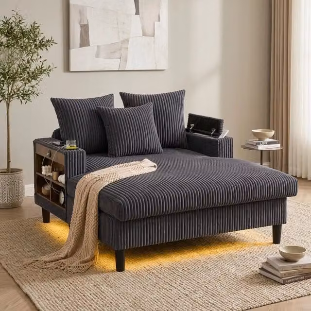 Chaise longue in velluto a coste grigio scuro con LED; USB; contenitore e 3 cuscini