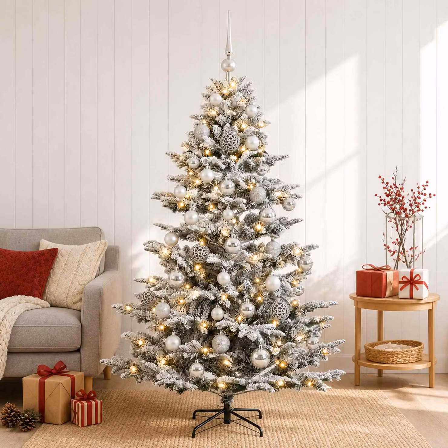 Albero di Natale artificiale con decorazioni natalizie, altezza 150 cm, 150 luci LED