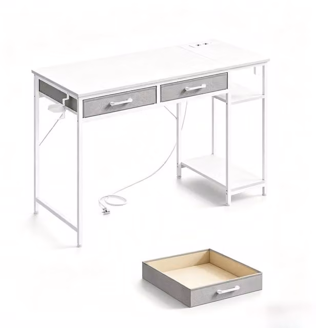 Scrivania moderna Chicfurn bianca con ripiano laterale e prese USB per ufficio L: 120 cm, P: 51 cm, H: 75 cm