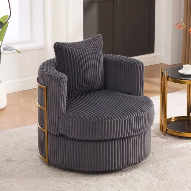 Poltrona girevole 360° in velluto a coste grigio con vano contenitore