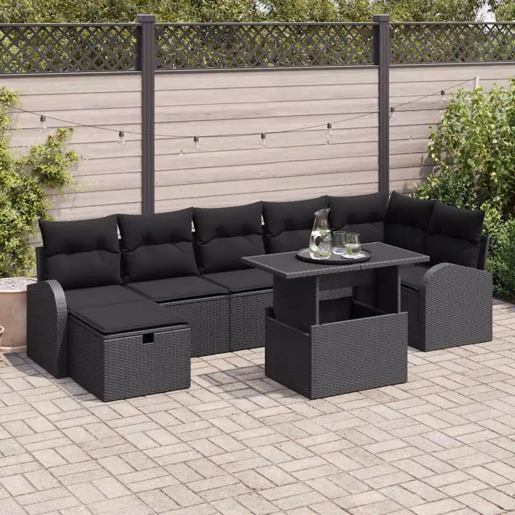 Set Divano da Giardino vidaXL 8 Pezzi in Polyrattan Nero con Cuscini e Tavolino – 1