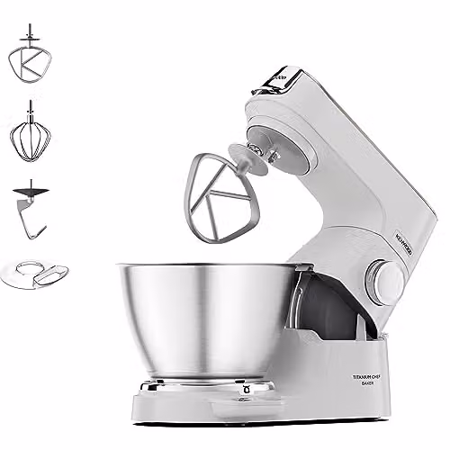 Kenwood Titanium Chef Baker KVC65.001WH, Impastatrice Planetaria con Bilancia Integrata, Frusta K, Gancio per Impastare, Frusta a Filo, Ciotola da 5 L, Potenza 1200 W, Bianco