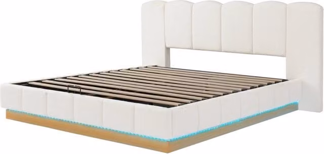 Letto matrimoniale 180x200 cm con contenitore, apertura idraulica, rete a doghe, testiera imbottita e luci LED, bianco boucl¨¦