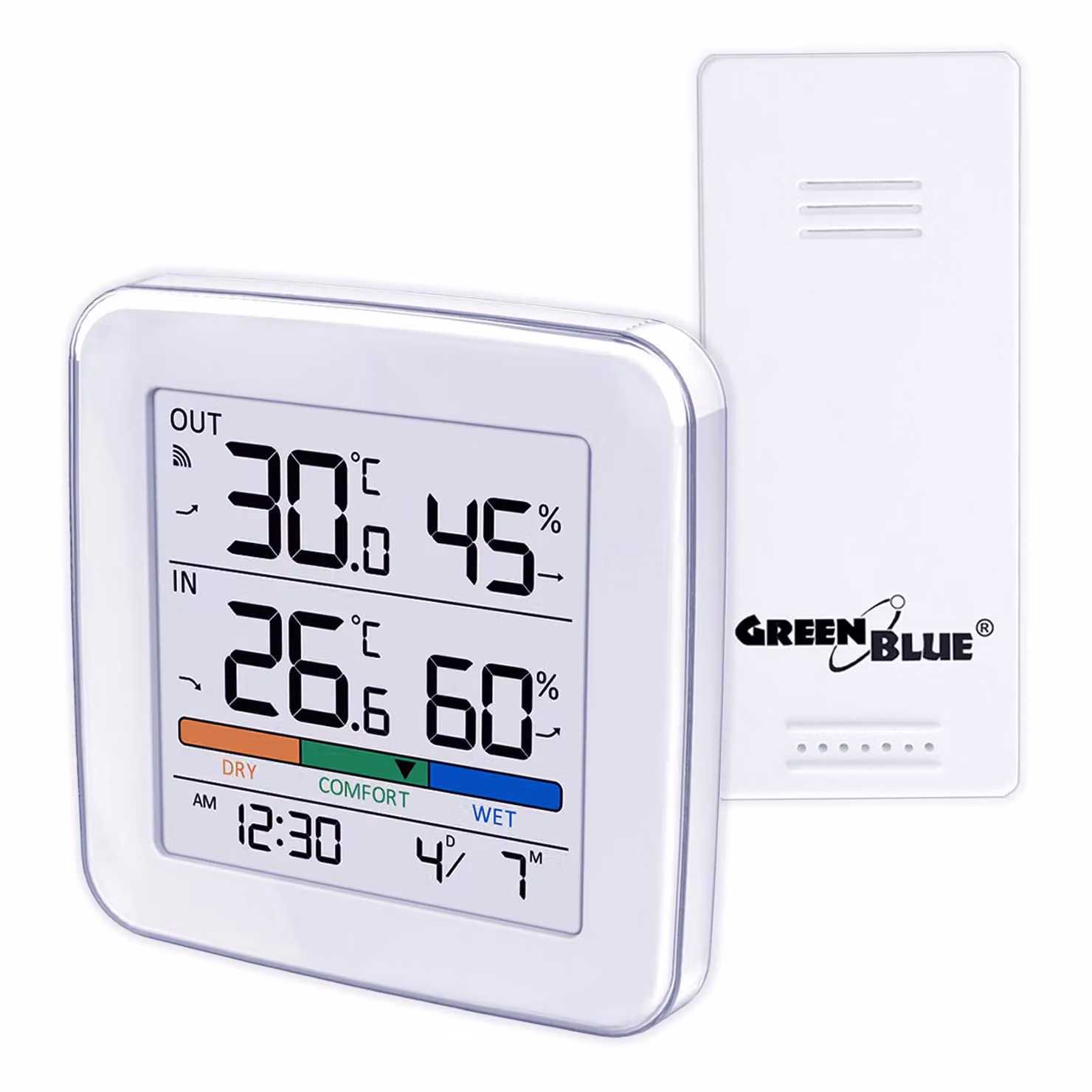 Stazione meteorologica wireless GreenBlue Temperatura + Umidità IN/OUT Orologio + Sveglia + Data a scelta °C / °F Portata fino a 60 m GB169
