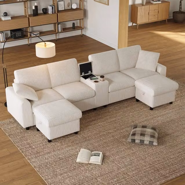 Divano a U ULEVR 315x135 cm in velluto a coste beige con 2 pouf contenitore, tavolino, prese USB e Type-C