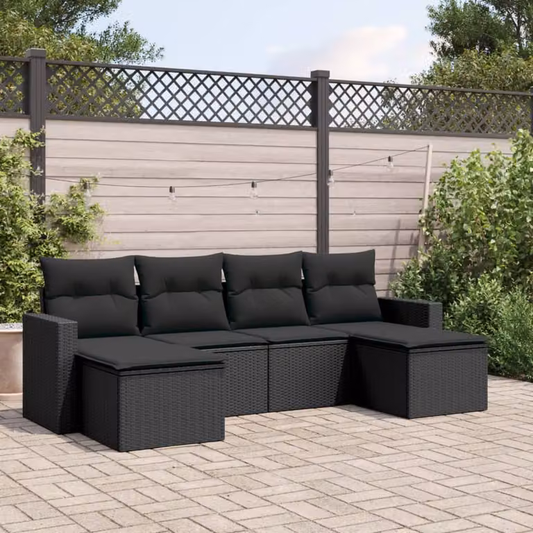Set Divano da Giardino vidaXL 6 pz a L con Cuscini Nero in Polyrattan e Metallo