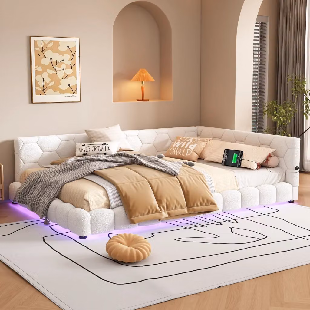 Letto matrimoniale moderno in velluto bianco con illuminazione LED sottostante e porte di ricarica USB e Type-C, L/P/H: 140 x 200 x 64,5 cm – 2
