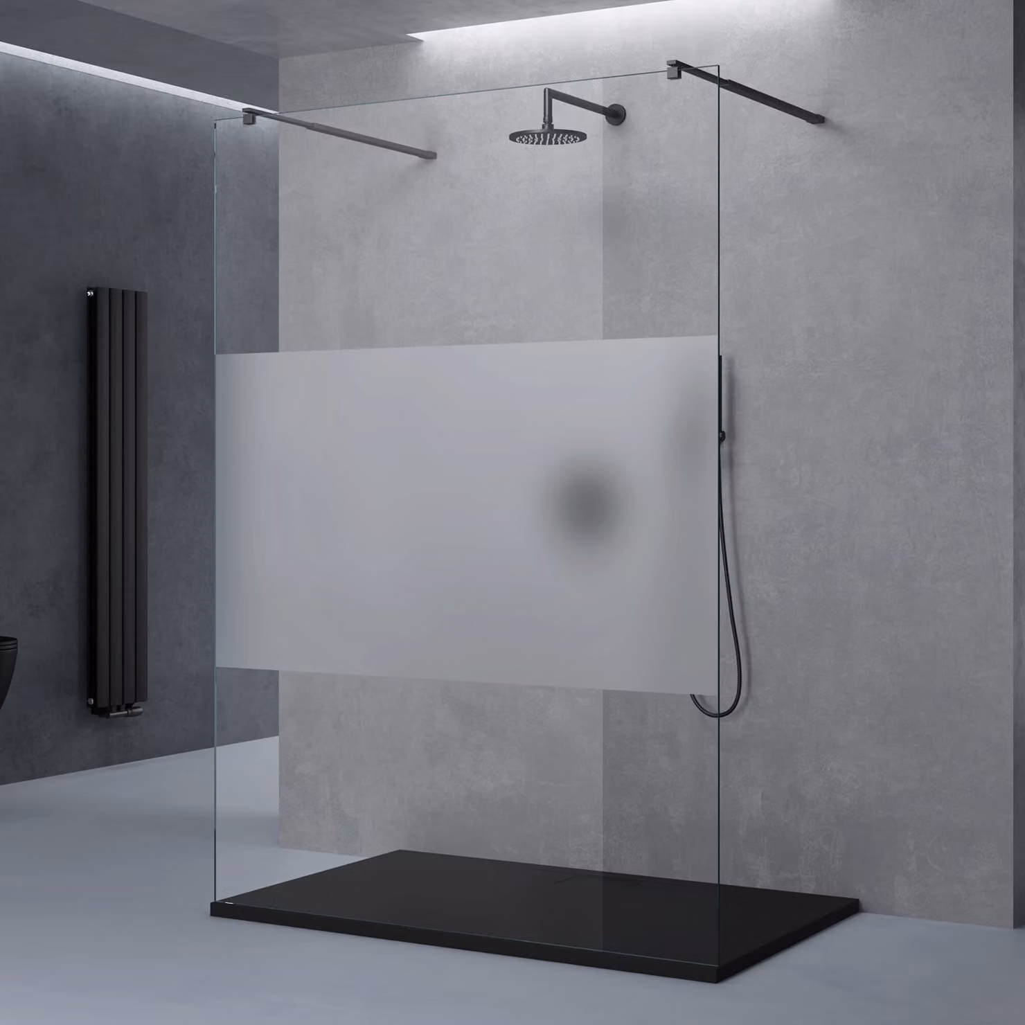 doporro Box Doccia Walk-In 110x200cm, Parete Doccia Anticalcare in Vetro Parzialmente Smerigliato 10mm con Bracci Sostegni Telescopici in Acciaio MMBR3 Nero