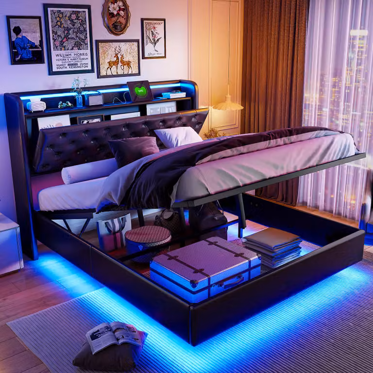 UnboxG letto imbottito 160x200cm con USB e tipo C, letto a molle insacchettate letto matrimoniale con contenitore e rete a doghe, letto per ragazzi con led, letto in legno massiccio letto funzionale, PU, nero