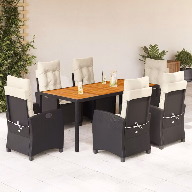 Set da pranzo da giardino vidaXL in legno di acacia oliato e polyrattan con 7 pezzi nero e bianco