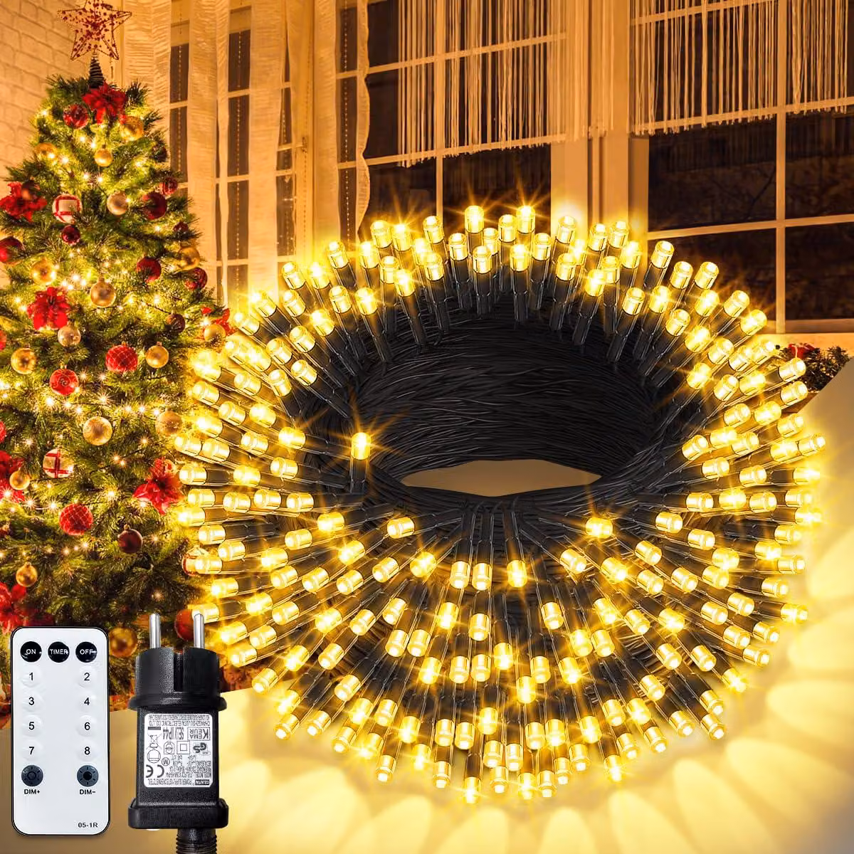 Catena luminosa a LED, 30 metri, 300 LED bianco caldo, grado di protezione IP65, dimmerabile, 8 modalità