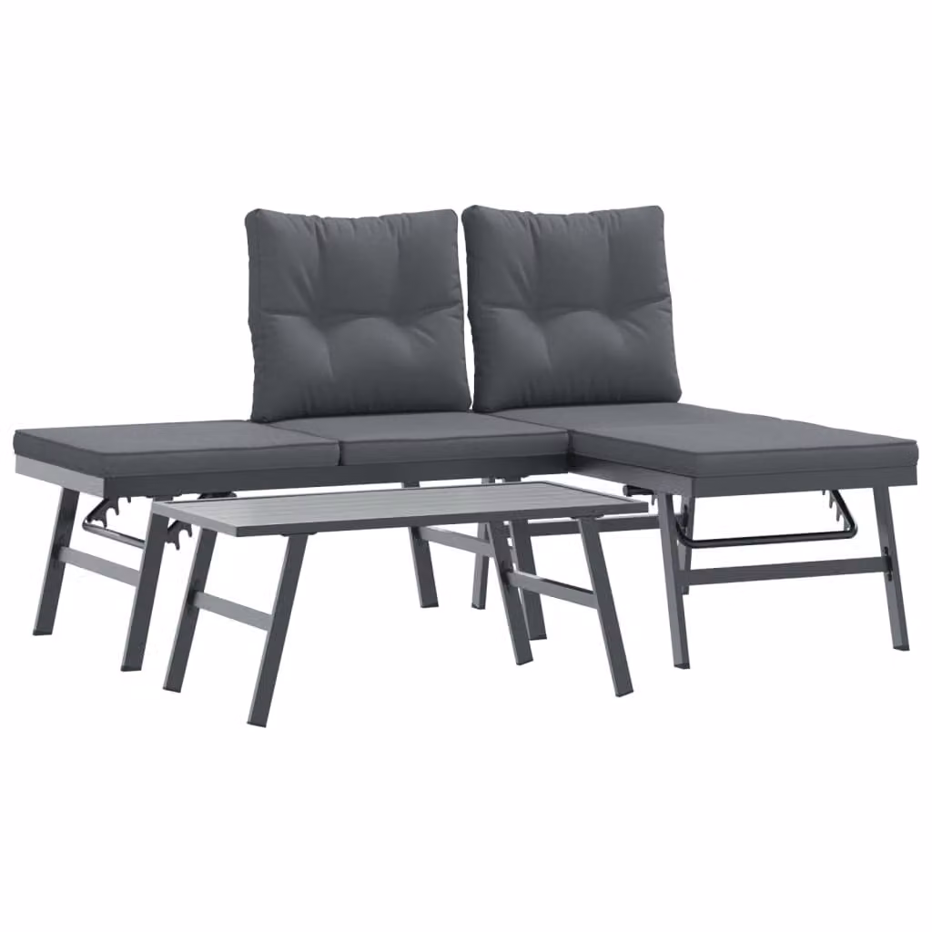 Set Panche Giardino Cuscini 3pz Nere Acciaio Verniciato Polvere