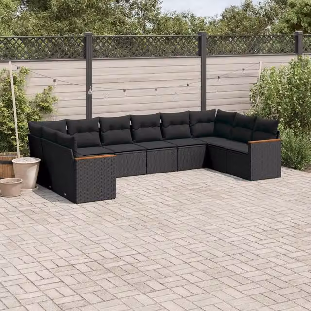 Set Divani da Giardino 10pz con Cuscini in Polyrattan Nero 3226321