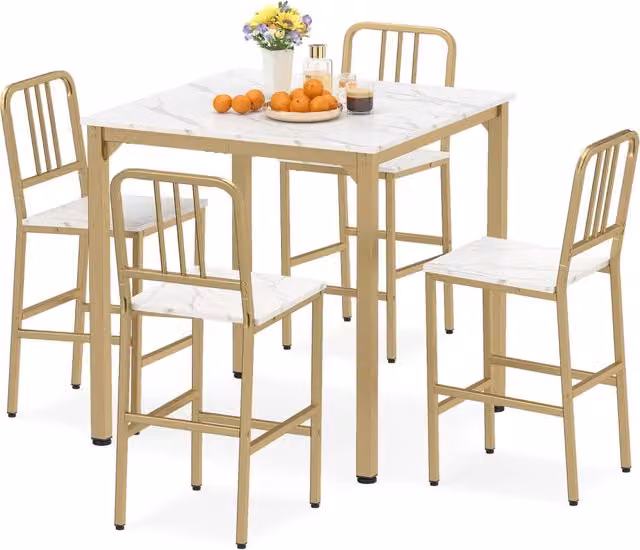 Set da pranzo con tavolo alto per 4 persone con superficie in finto marmo, Set cucina bar 5 pezzi per sala da pranzo Bianco