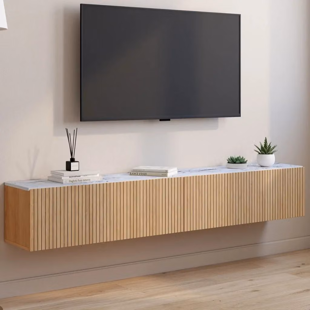 Mobile TV sospeso IDMarket JULIETTE con 2 ante, piano effetto marmo e doghe in legno color rovere, L: 180 cm, P: 30 cm, H: 30 cm – 2