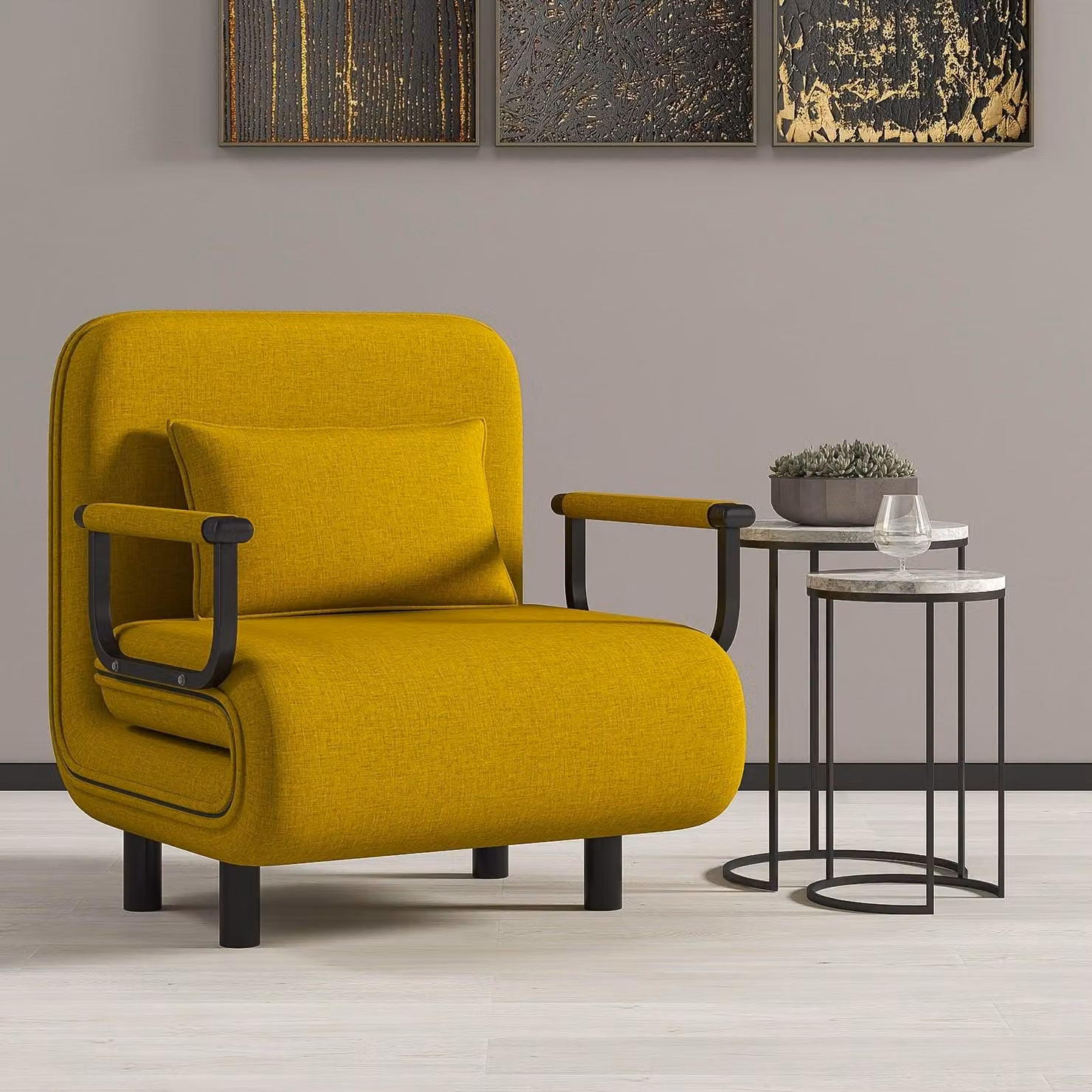 Divano letto - Divano trasformabile - Divano letto - Divano letto con contenitore - Panchina - Giallo - Cuscino in memory foam - Struttura in metallo compatta
