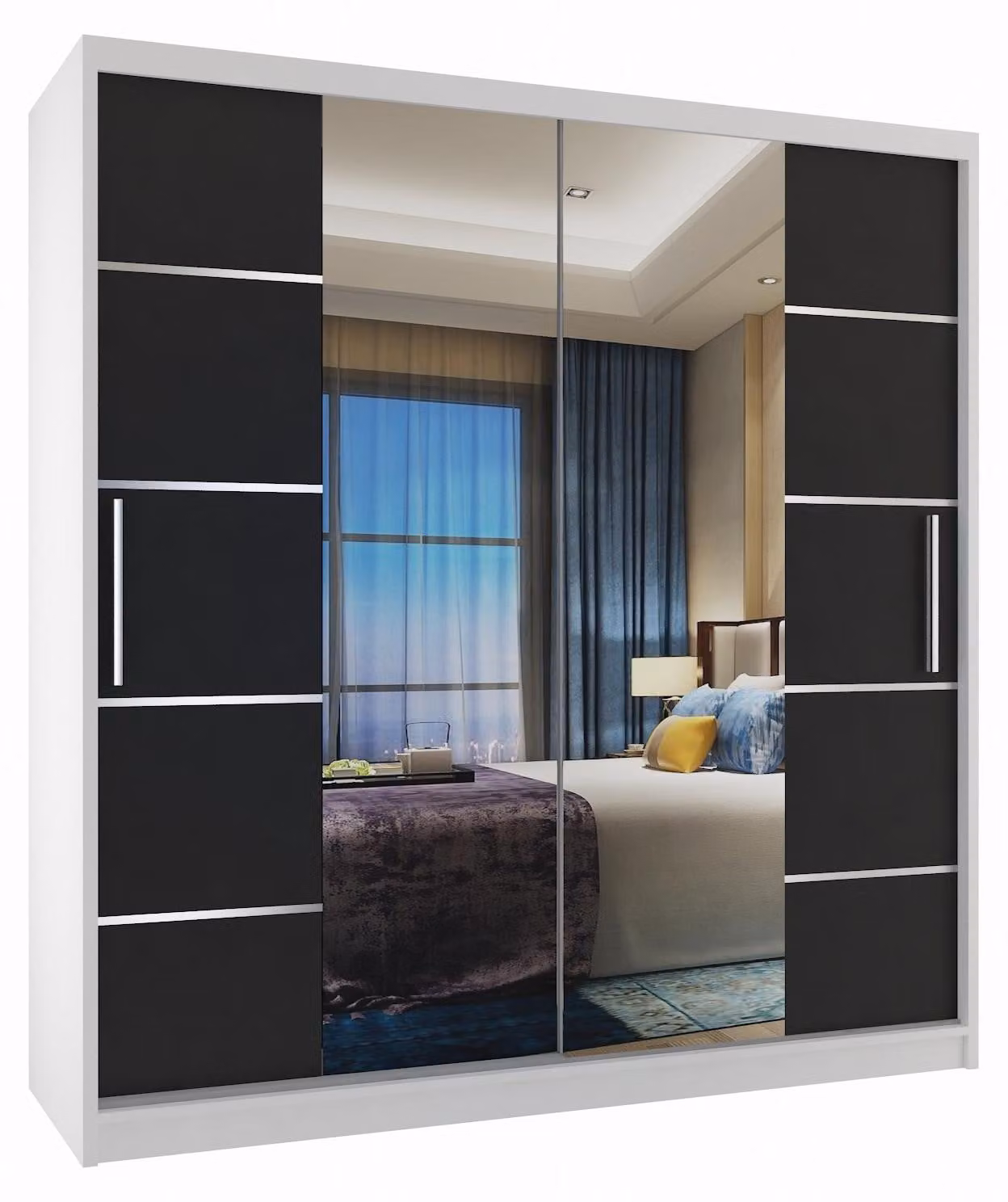 BELINI Verona, armadio scorrevole da 158 cm, bianco/nero opaco - armadio con specchio e 2 cassetti, ideale per la camera da letto