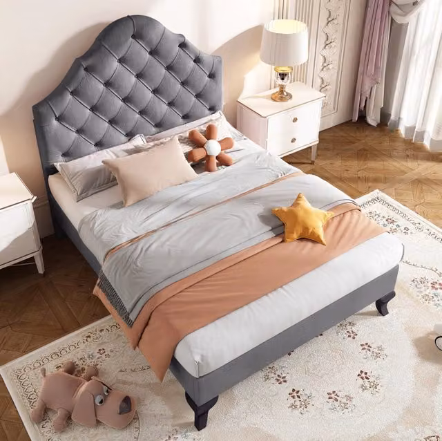 Letto singolo imbottito ULEVR 90x200 cm in velluto grigio con testiera capitonn¨¦ regolabile e rete a doghe