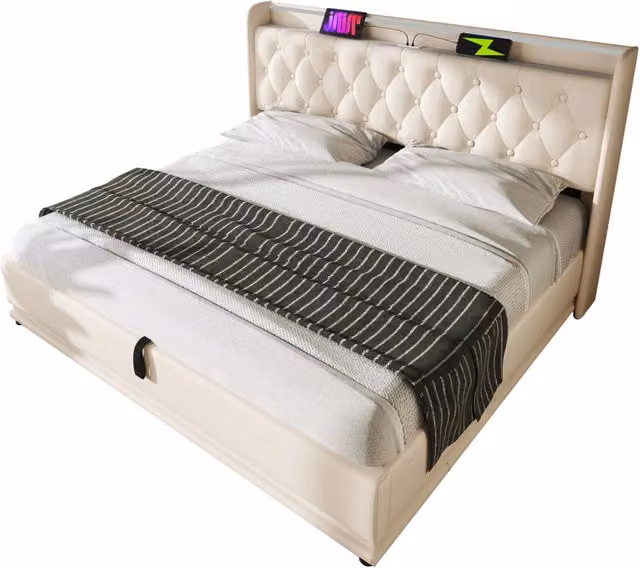 Letto matrimoniale contenitore 140x190 con LED 360°， testiera imbottita con USB e Type-C， rete a doghe e struttura in metallo， bianco， senza materasso