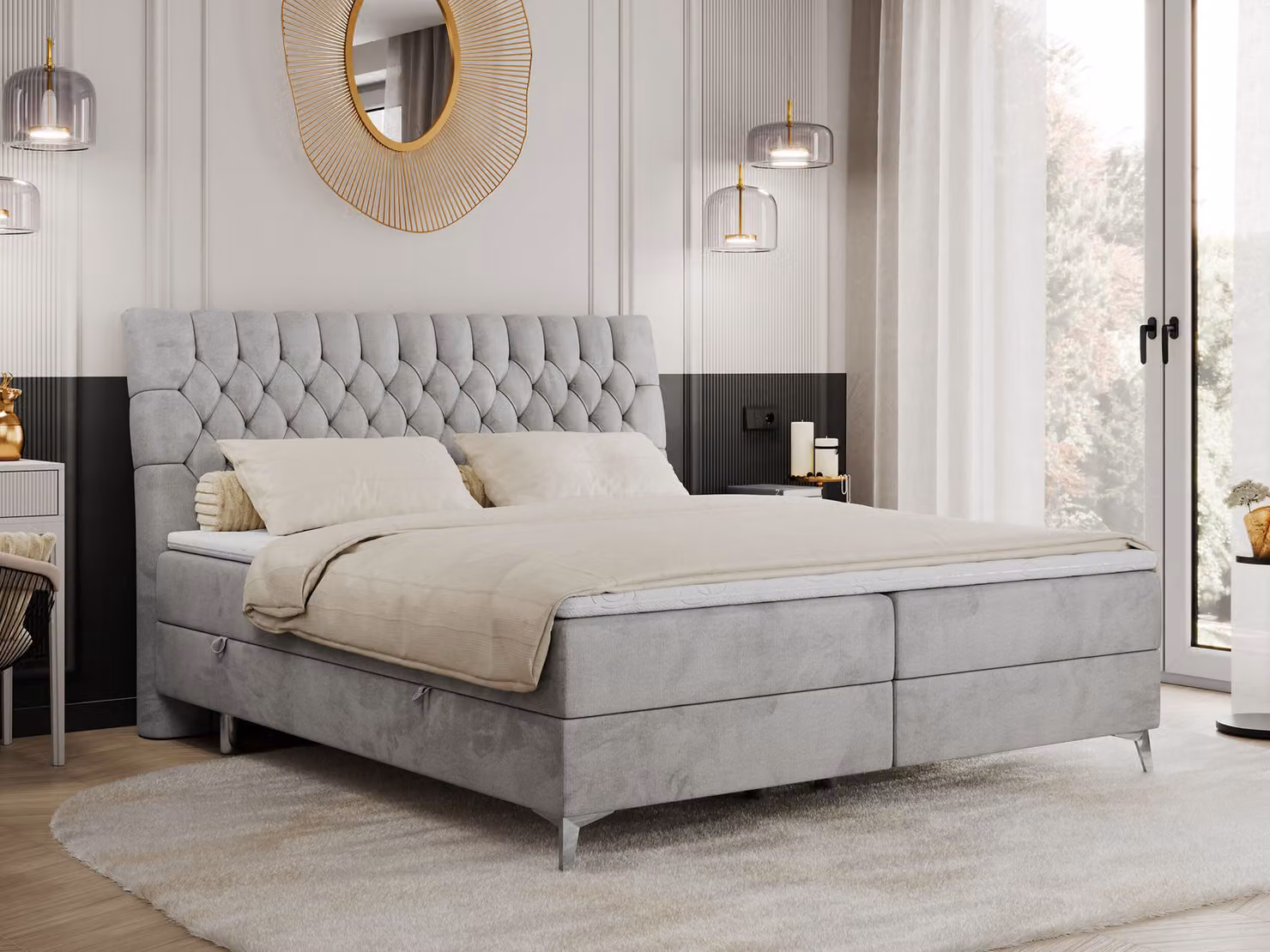 Letto boxspring 140x200 con 2 contenitori, materasso e topper, letto imbottito 140x200, letto 140x200 - MILEN - 140x200 cm - Grigio chiaro - Velvet - H4