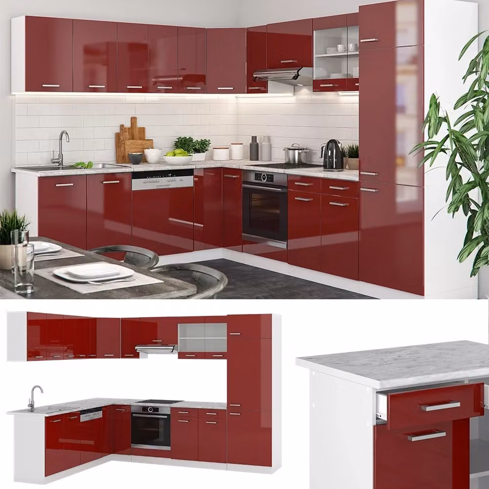 Cucina angolare moderna Vicco con ante a battente in finitura lucida, colori rosso, bianco e grigio, L/P: 287 x 227 cm – 2