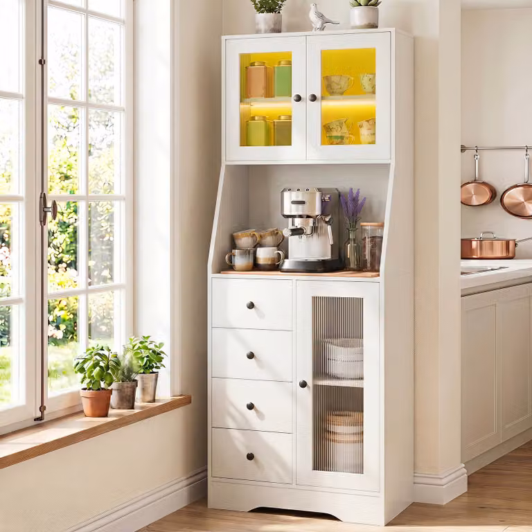 Credenza alta da cucina e mobile buffet moderno Costway con luci LED, 2 armadietti con ante in vetro e 4 cassetti, Bianco opaco