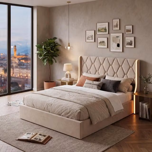 Letto Matrimoniale 160 x 200 cm;Letto Contenitore con contenitore idraulico;Testiera imbottita con LED;Velluto;Beige