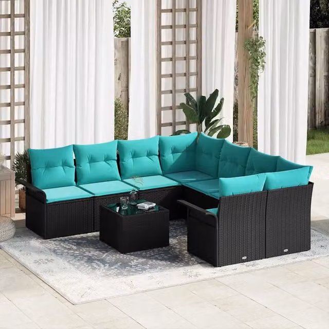 Set Divano da Giardino 9 pz Nero e Turchese polyrattan 3353975