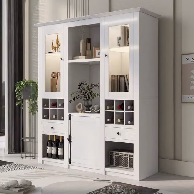Vetrina con LED a 16 colori; ante in acrilico; cassetti e vani aperti in MDF bianco 143 × 45;5 × 170 cm