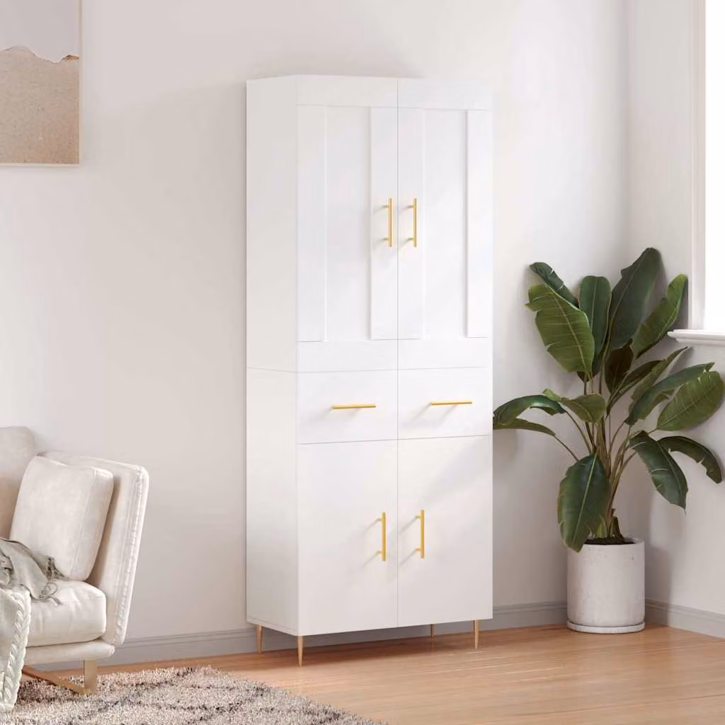 Credenza moderna vidaXL bianca con dettagli oro in legno e metallo L: 69,5 cm, P: 34 cm, H: 180 cm