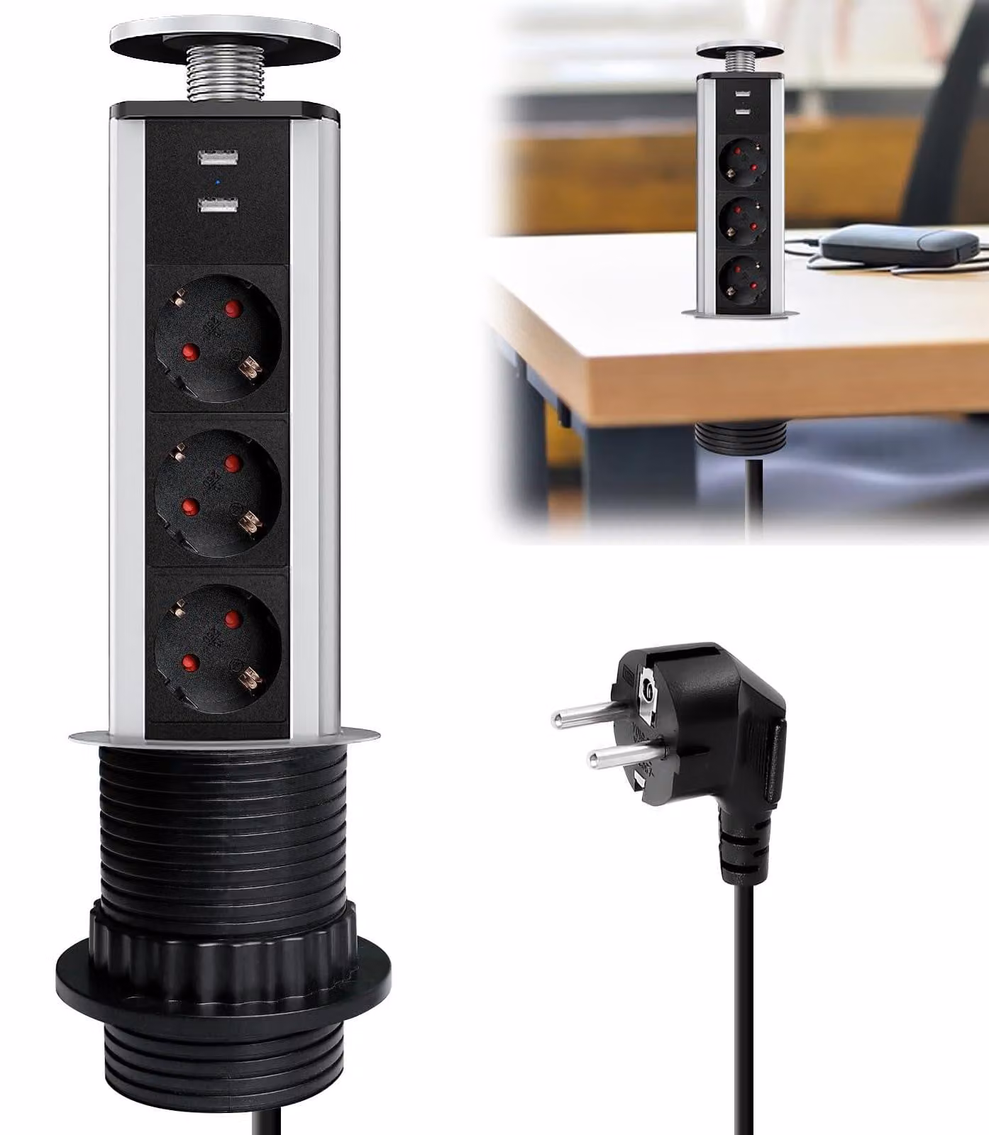 Prese a incasso per tavolo con 2 USB, prese a incasso multiple da 60mm, listello di prese da incasso, presa da incasso con cavo da 2 metri, multipresa per piano di lavoro, ufficio o cucina