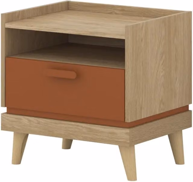 Tavolino da notte NOKI Meublorama in stile scandinavo con 1 cassetto, Rovere chiaro e Moka – 1