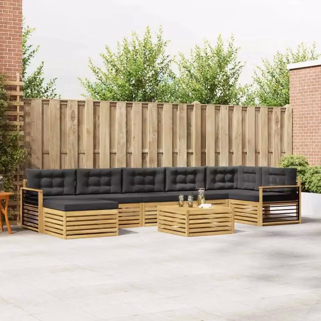 Set di divani da esterno a L vidaXL in legno di acacia con 8 pezzi, colore bianco, antracite e marrone, comprensivo di cuscini e tavolino da giardino – 1