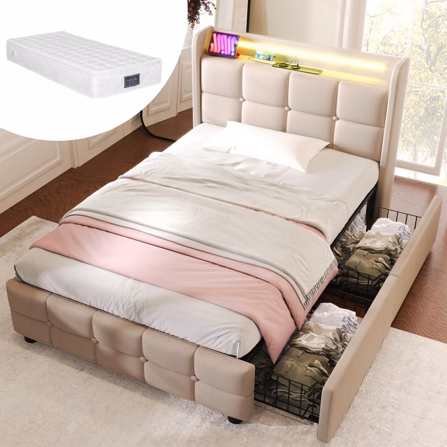 Letto imbottito 90x200 cm completo di materasso, testiera con illuminazione LED, 2 prese USB e 2 prese di corrente, 2 cassetti, rete a doghe in legno, colore beige