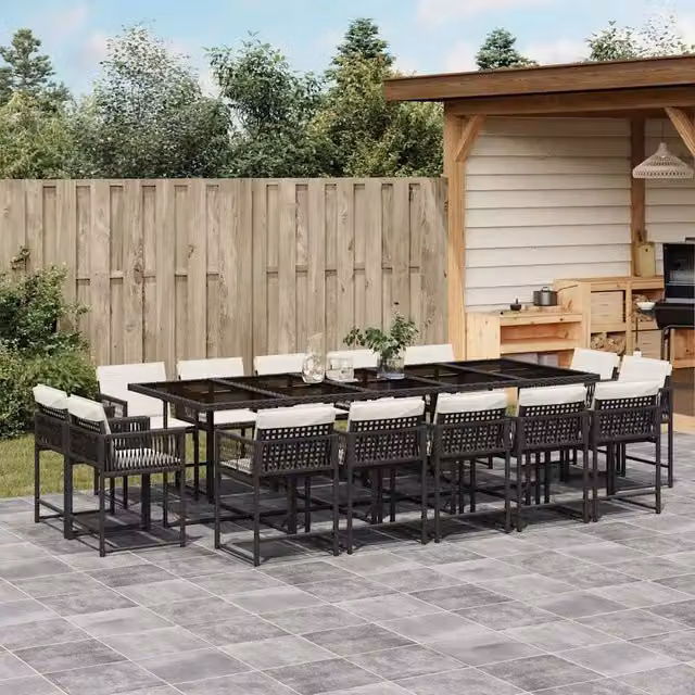 Set da pranzo da giardino vidaXL in polyrattan nero con cuscini bianchi e tavolo in vetro